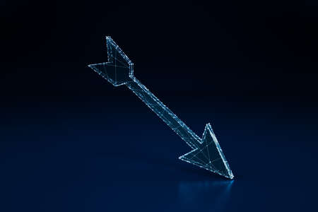 Illuminated wireframe digital arrow on dark blue background. 3D Renderingの写真素材