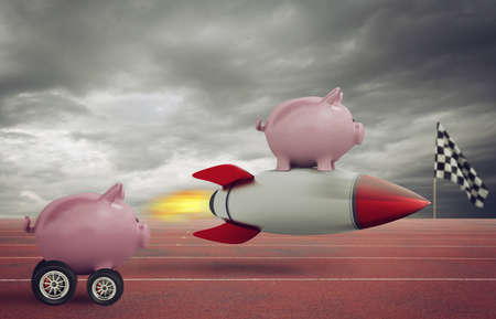 Piggy bank fly on a rocket and wins against competitors.の写真素材
