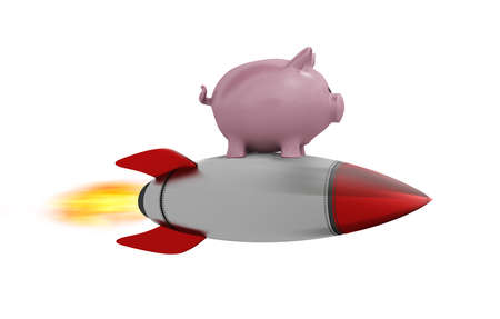 Piggy bank fly on a rocket isolated on whiteの写真素材