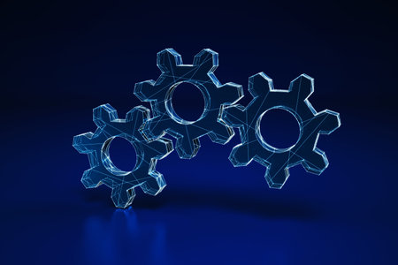 Illuminated wireframe of three gears on dark blue background. 3D Rendering