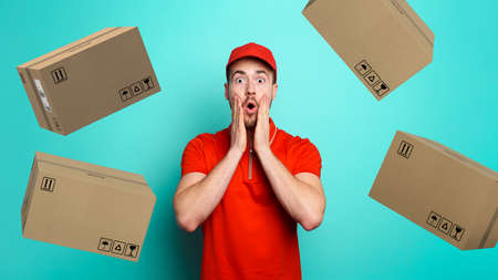Courier has a wondered expression about a great promotion with falling packages. cyan background
