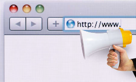 Person with loudspeaker announces a internet new website