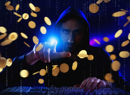 Hacker catches money from a bank account. Concept of internet securityの写真素材
