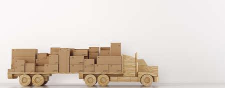 Cardboard boxes package on a wooden toy truck ready to be delivered on white background