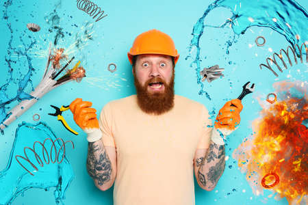 Incompetent worker electrician is unsure about his work. cyan background