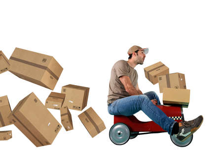 Courier drive fast with a toy car. Concept of fast and express delivery. Cyan background