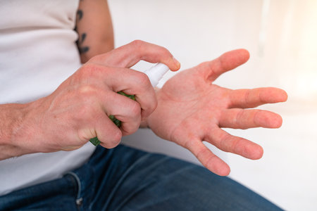 Man cleans the hand with a spray disinfectant against covid-19