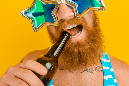 man with beard and sunglasses drinks beerの写真素材
