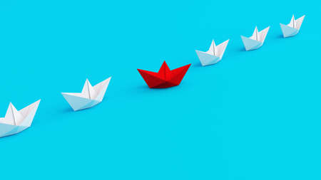 White paperboats in one direction with one red paperboat changing direction on cyan background....