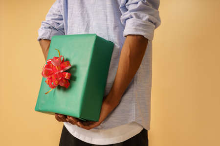 man is ready to give a christmas presentの写真素材