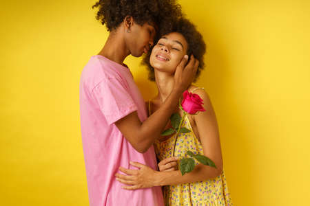 Romantic man give a pink rose to her girlfriend for valentine dayの写真素材
