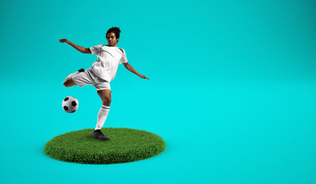 Soccer players kicking the ball on a grassy plate with cyan backgroundの写真素材