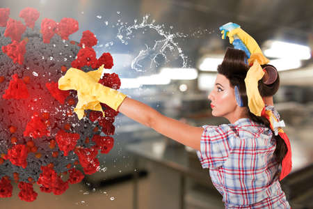 Funny housewife cleans and disinfects to keep covid-19 away