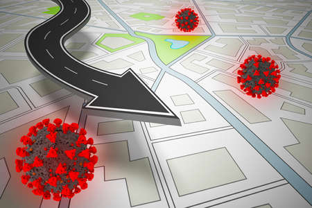3d render of Gps navigator showes points with high number of covid-19 contagion