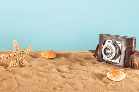 Background of beach with seashells, starfish and a retro photo cameraの写真素材