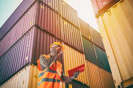 Worker communicate using radio to control loading containers at port cargo