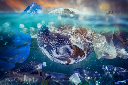 The world floats in the ocean amidst the plastic. Earh provided by NASAの写真素材
