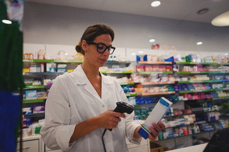 Pharmacist woman with eyeglasses works at the pharmacy counterの写真素材