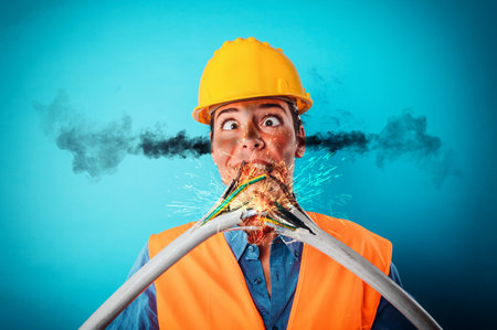 Shocked worker girl with helmet breaks an electric cable