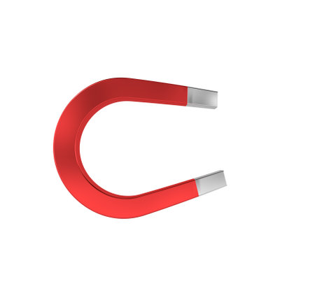 Big red magnet that generates a magnetic field capable of attracting objects. 3d renderの写真素材