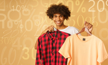 Happy happy man buy clothes on a store