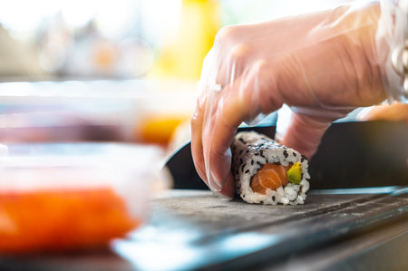 Close up of tasty japanese uramaki sushi with salmonの写真素材