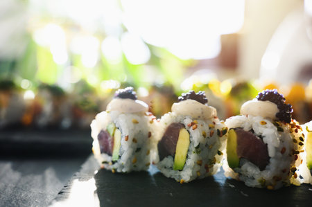 Close up of tasty japanese uramaki sushi with salmonの写真素材