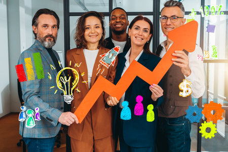 Business team hold a statistical arrow. concept of growing, successful and profit