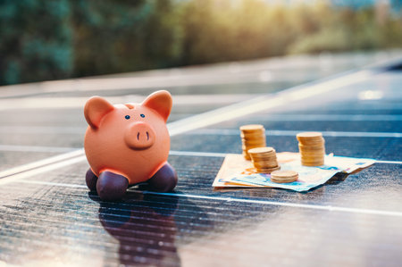 Money saved by using energy produced by solar panels on the roofの写真素材