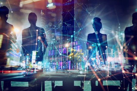 Group of business partner looking for the future with network digital effectの写真素材