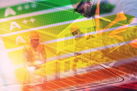 Qualified workers during the installation of photovoltaic systemsの写真素材