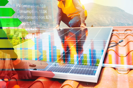 Workers assemble energy system with solar panel for electricity and hot waterの写真素材