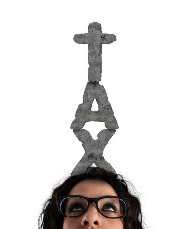 businesswoman with tax word over her headの写真素材