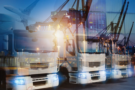 Transportation with trucks, airplane and ship with containerの写真素材