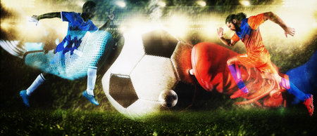 Two soccer players challenge each other at the stadium. Double exposureの写真素材