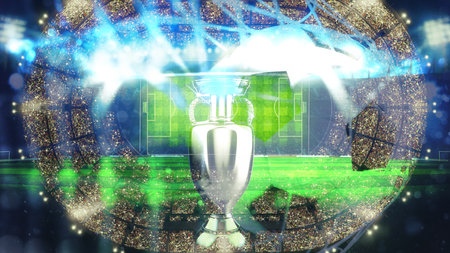 Double exposure soccer background with trophy of the winner and stadium. 3D Renderingの写真素材