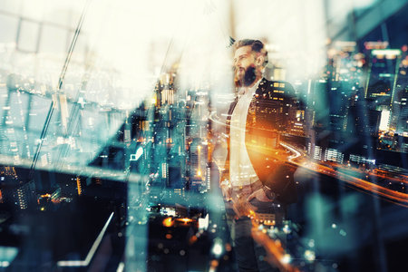 Thoughtful hipster businessman in the office. Double exposure effectsの写真素材