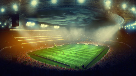 Top view of a football stadium with the stands full of fans looking at the game. 3D Renderingの写真素材