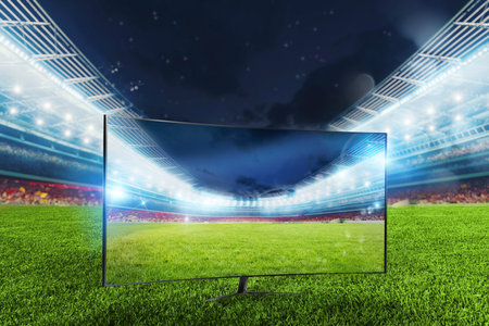 Streaming tv channel of football stadium ready to a soccer matchの写真素材