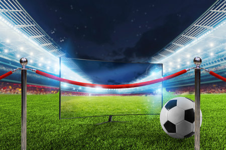 Football stadium with losed event of VIP soccer match delimited by barriers red rope lineの写真素材