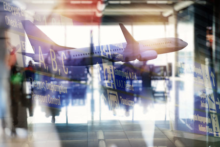 Double exposure of business travel and airplaneの写真素材