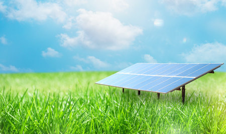 Renewable energy system with solar panel on a green field