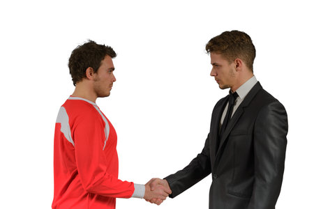 Football market with soccer player handshaking with managerの写真素材