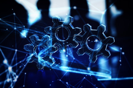 Illuminated wireframe of three gears on dark blue background. 3D Renderingの写真素材