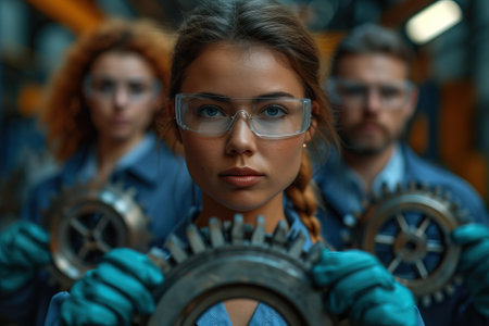 Worker is working with gears at the factory. Generative AIの素材