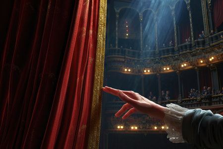 Hand are opening the curtain of a stage. the show is about to begin. Generative AIの素材