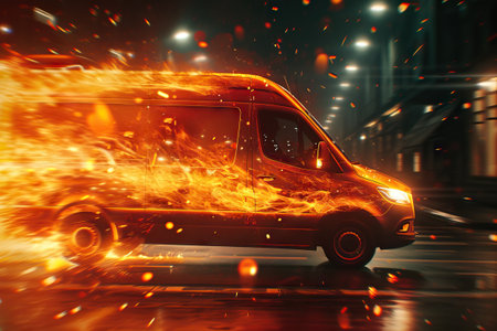 Super fast delivery of package service with van fire effect. Generative AIの素材