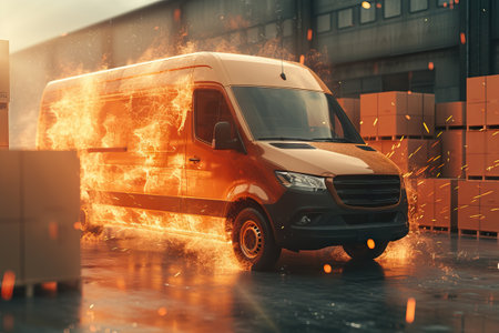 Super fast delivery of package service with van fire effect. Generative AIの素材