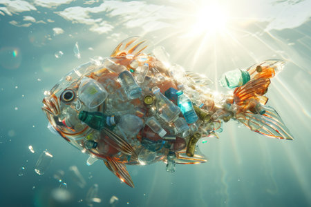Global problem of the pollution in the ocean with a fish full of plastic. Generative AIの素材