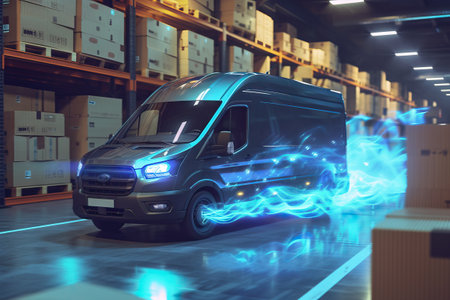 Super fast delivery of package service with van fire effect. Generative AIの素材